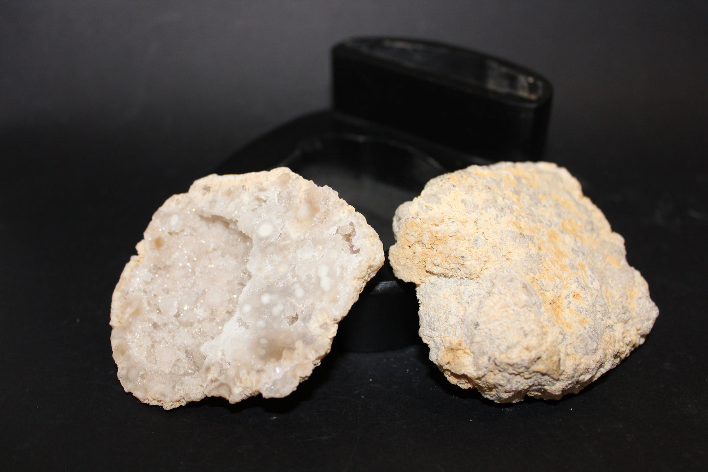 Geode - Clear Quartz (polished, full geode in timber stand) - med/lge