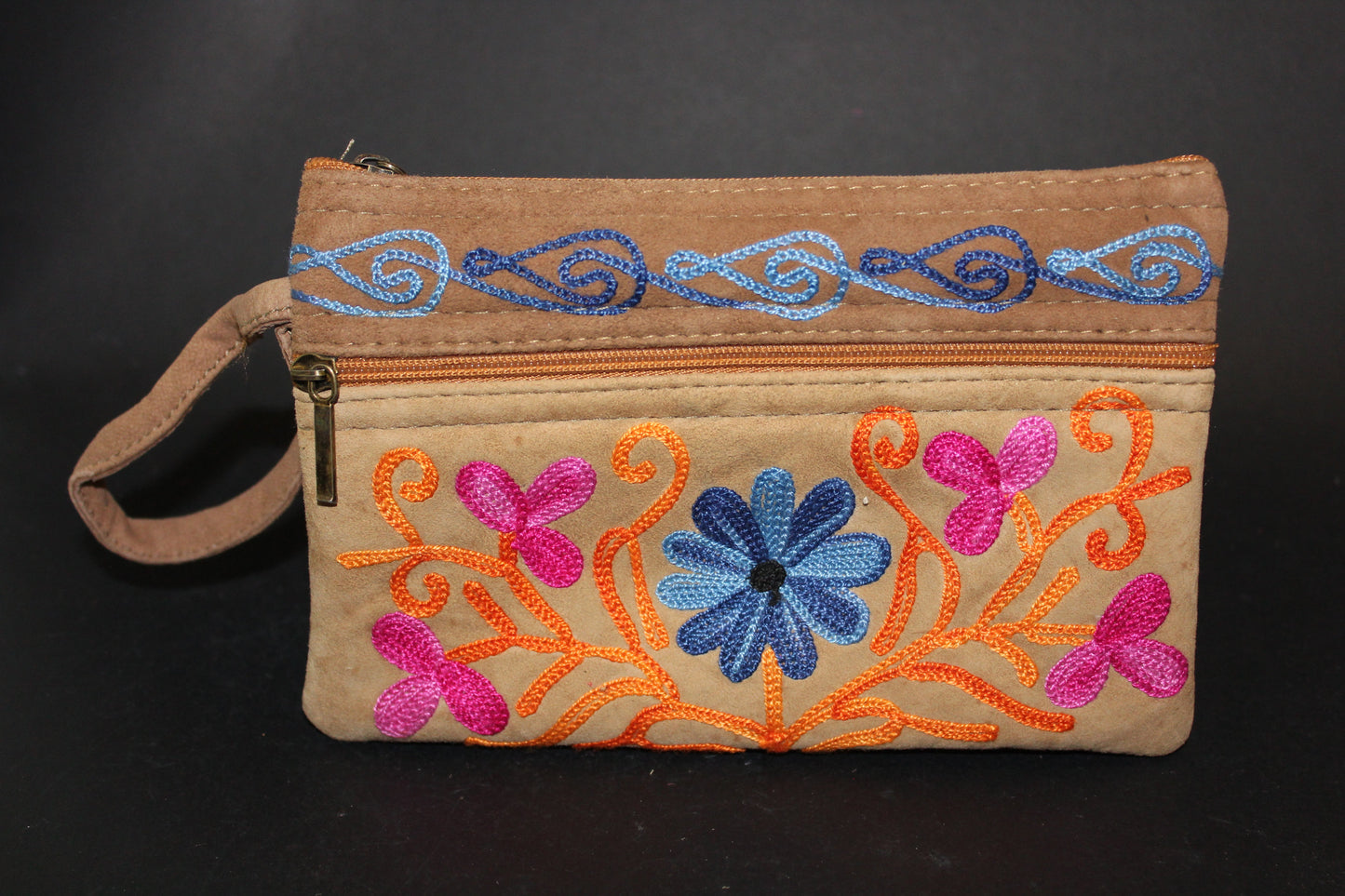 Purse - suede leather (embroidered - 3 zips)