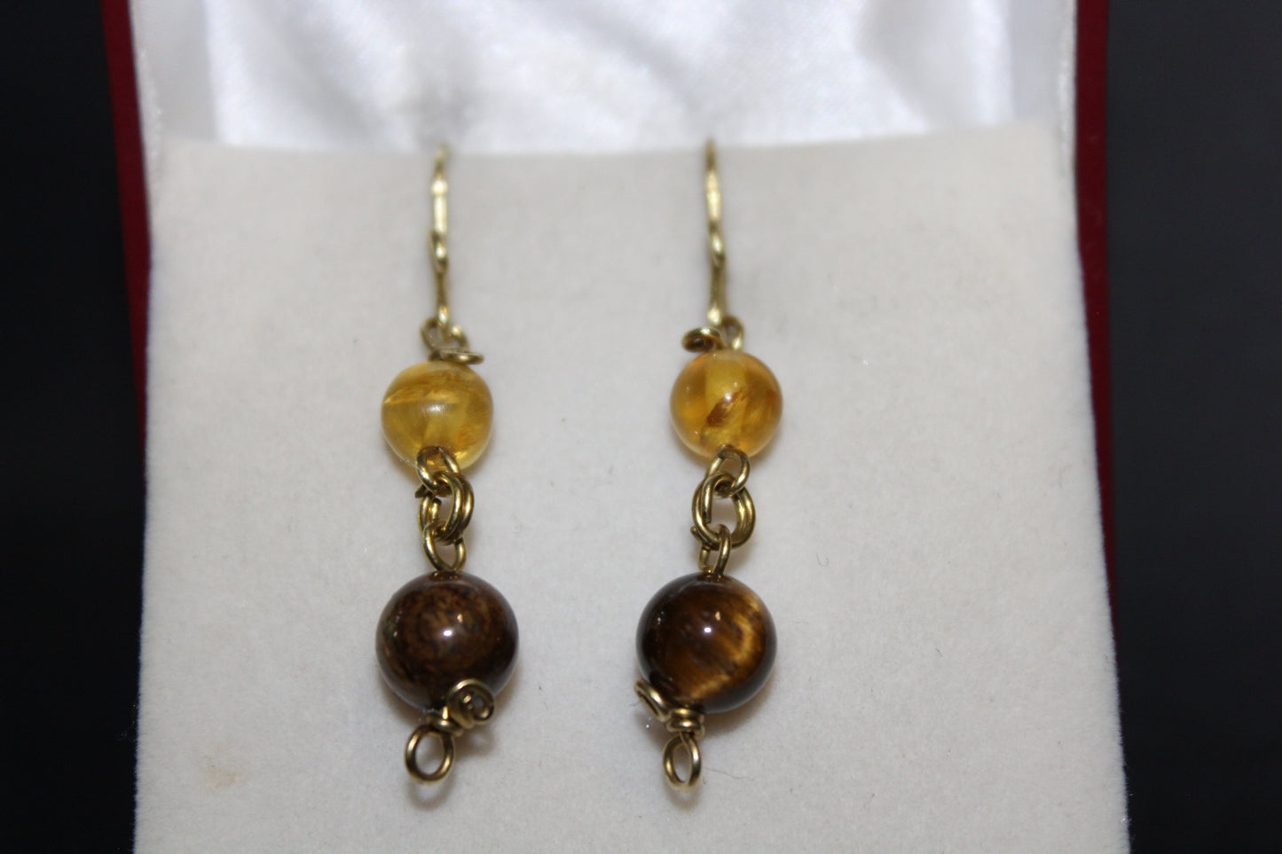 Earrings - Brass - Amber and Tiger Eye
