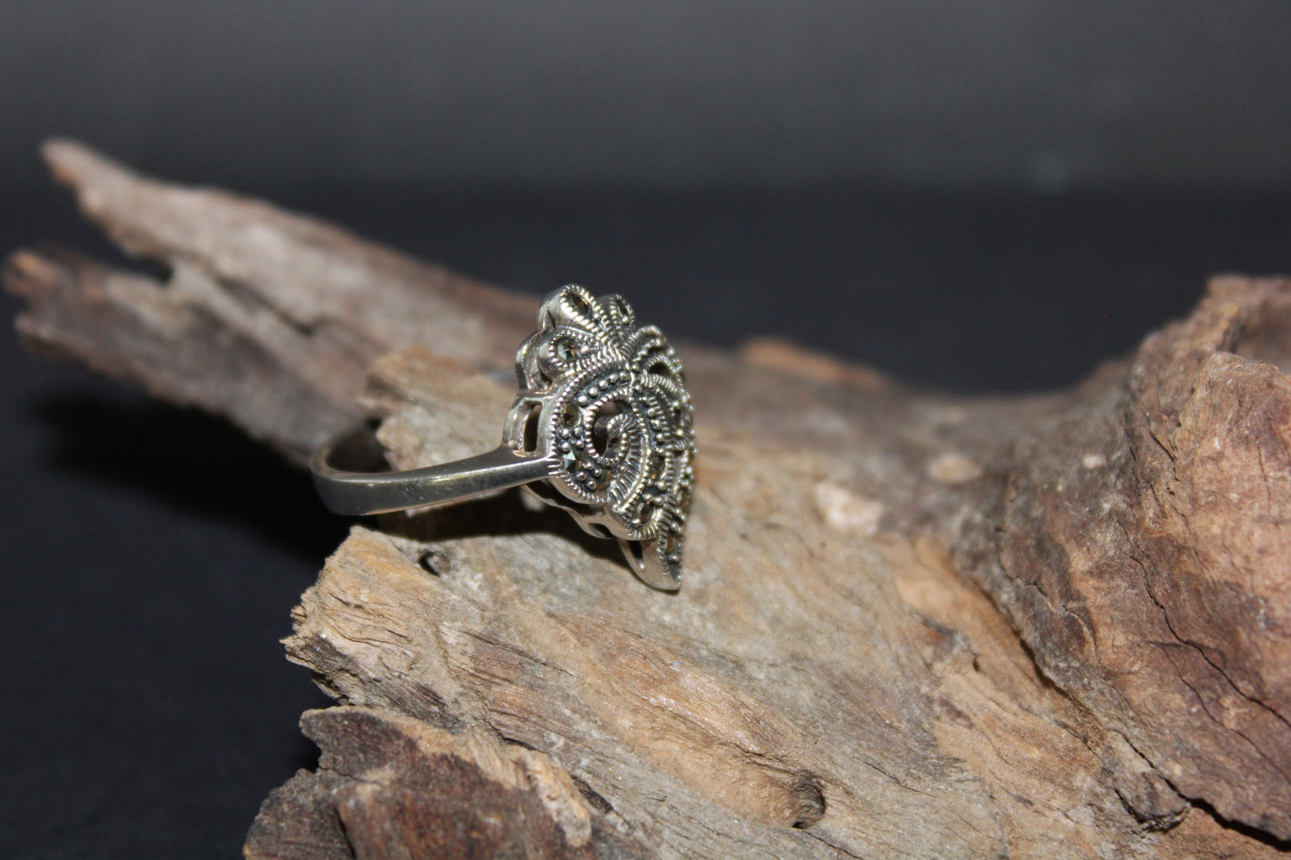 Ring - Stirling Silver - with Marcasites (Filigree Heart with Crown)