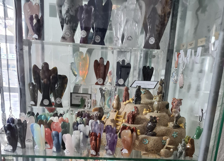 Display of crystal angels, various crystals, various sizes. Said to bring hope and joy