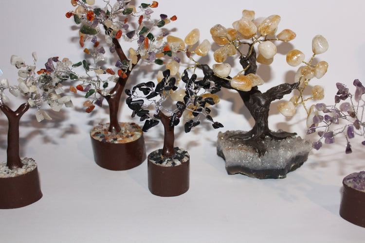 Display of crystal trees including amethyst, citrine on amethyst, mixed crystals, moonstone