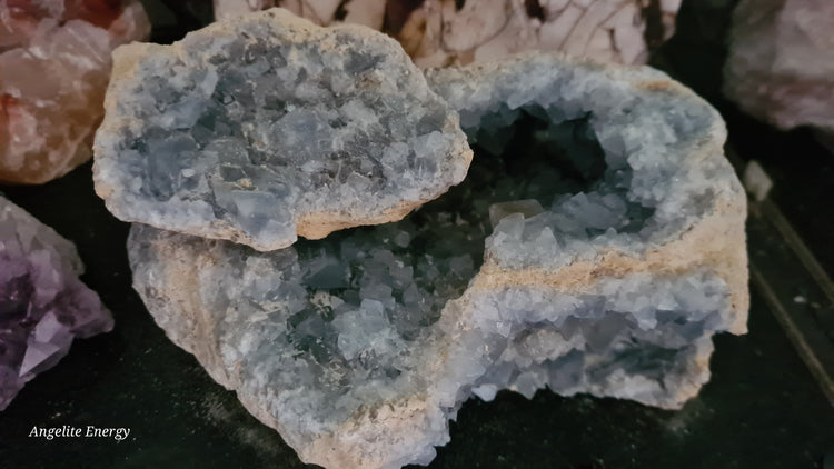 celestite geode - showing both halves of full geode - large - light blue in colour