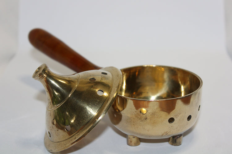 Brass charcoal burner with wooden handle