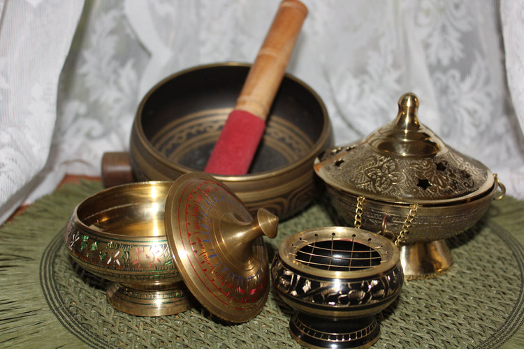 Brass Charcoal Burners and Singing Bowl display