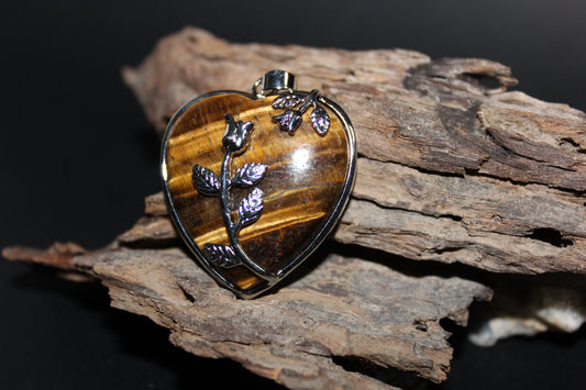 Pendant - Heart with Flowers - Tiger Eye