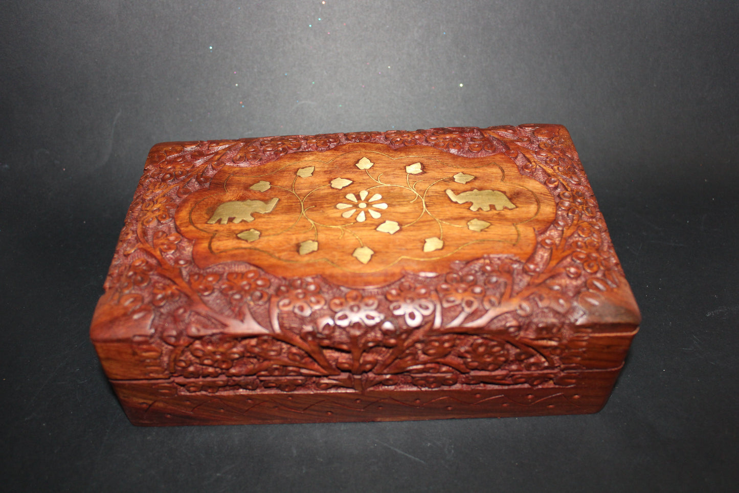 Box - carved timber - brass inlay - lge