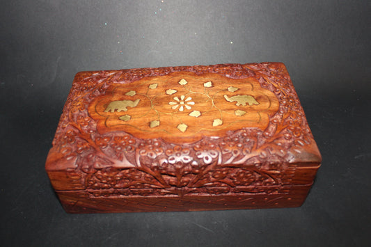 Box - carved timber - brass inlay - lge