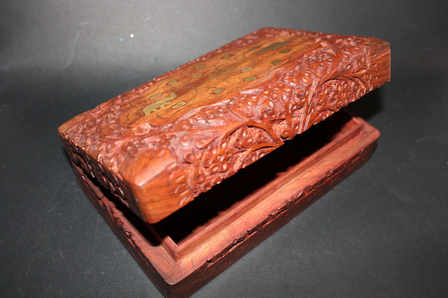 Box - carved timber - brass inlay - lge