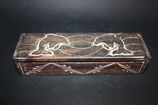 Box - carved timber - Dolphins - rectangle - sml