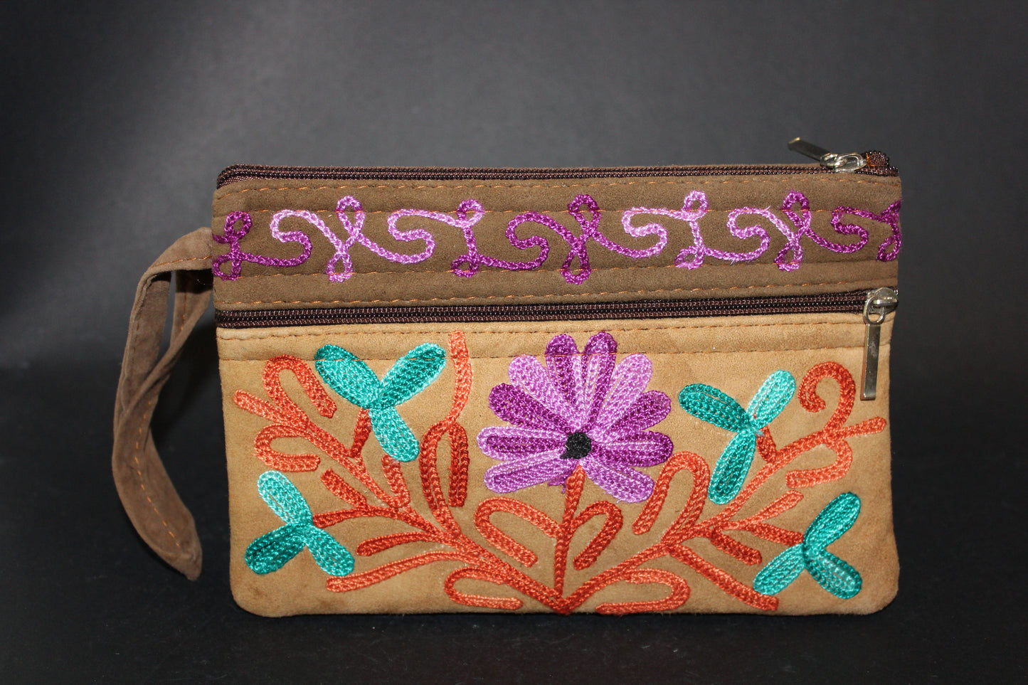 Purse - suede leather (embroidered - 3 zips)