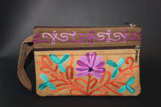 Purse - suede leather (embroidered - 3 zips)