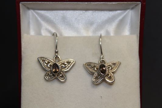Earrings - Smoky Quartz (faceted)  - oval - butterfly setting