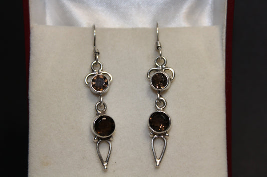 Earrings - Smoky Quartz (faceted)  - 2 drops - round