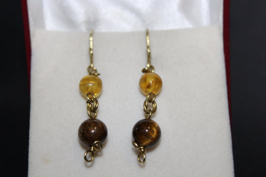 Earrings - Brass - Amber and Tiger Eye