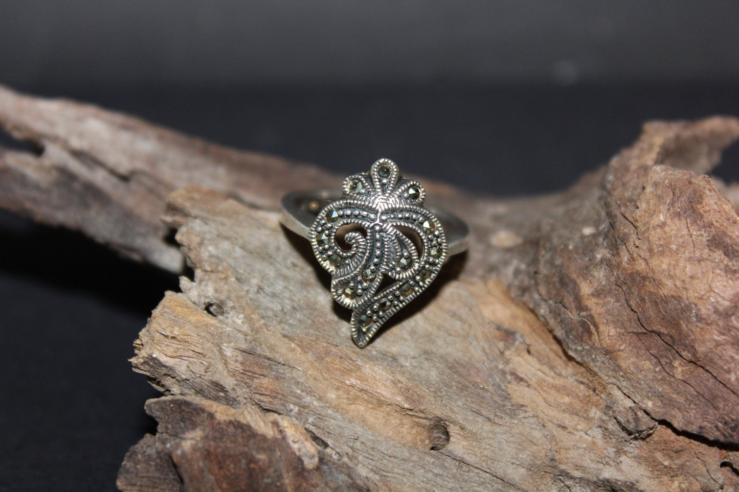 Ring - Stirling Silver - with Marcasites (Filigree Heart with Crown)